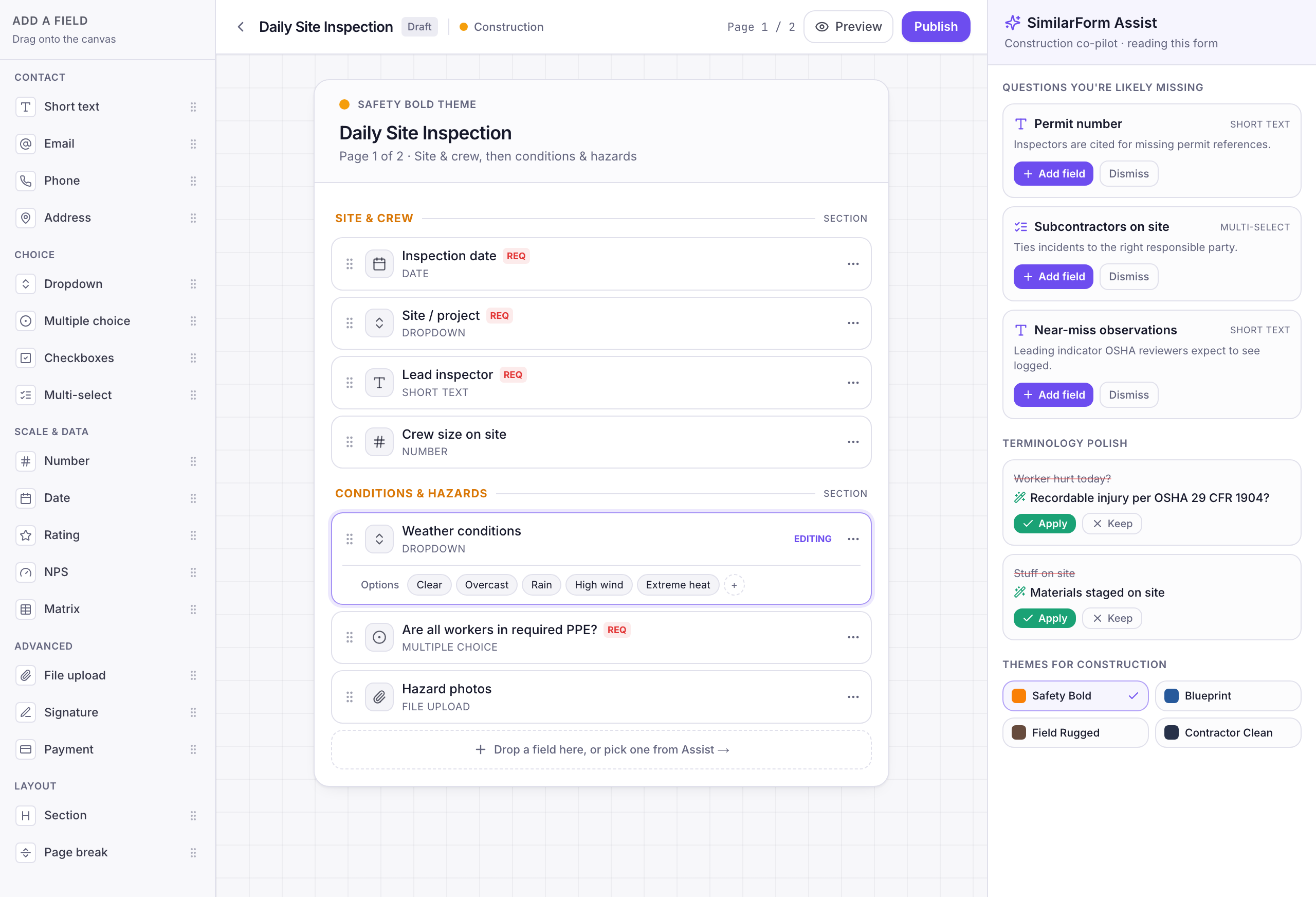 The SimilarForm drag-and-drop builder with the vertical AI co-pilot panel suggesting construction questions and terminology