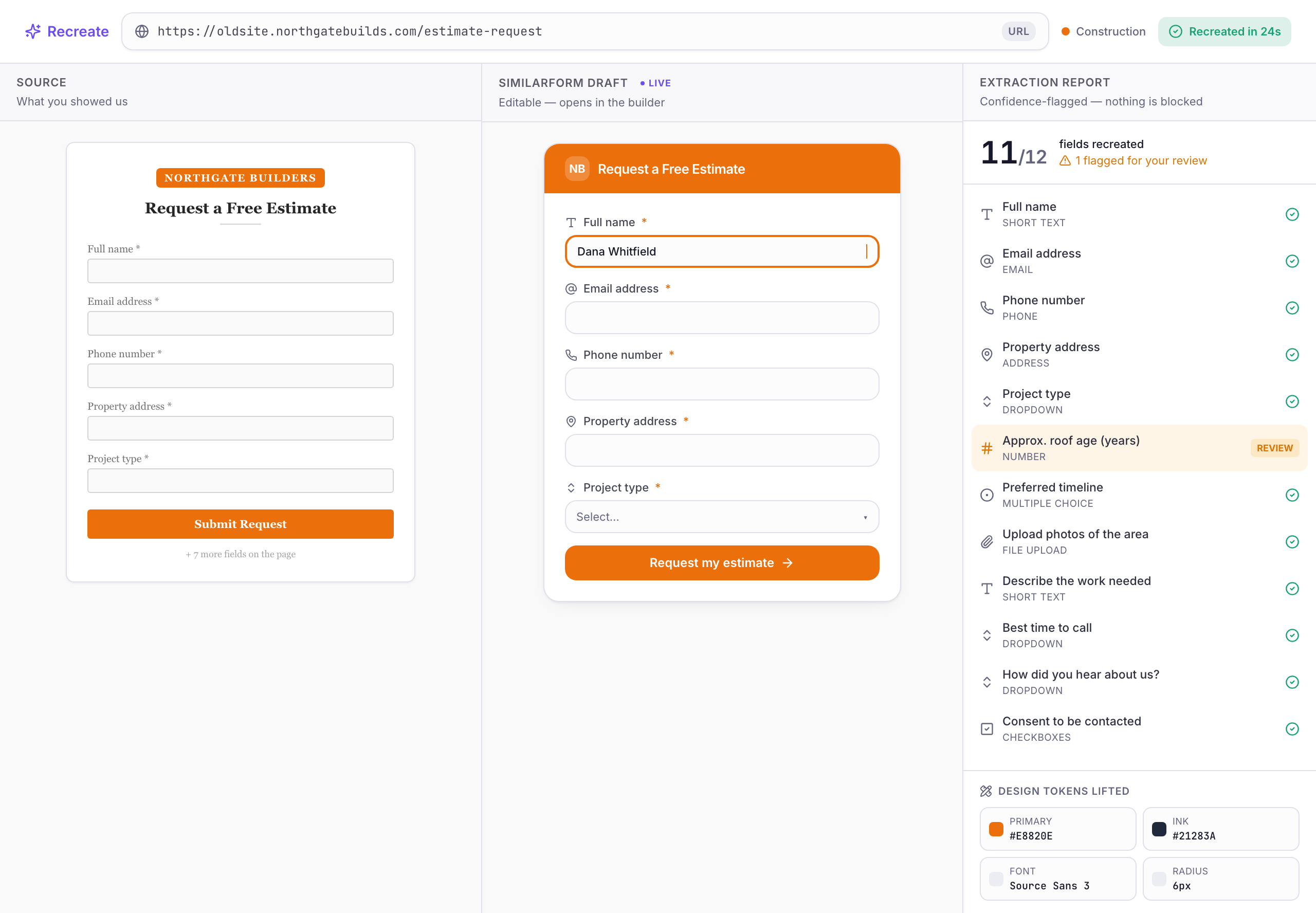 SimilarForm recreating a form from a URL — original, recreated draft, and the field-by-field extraction report